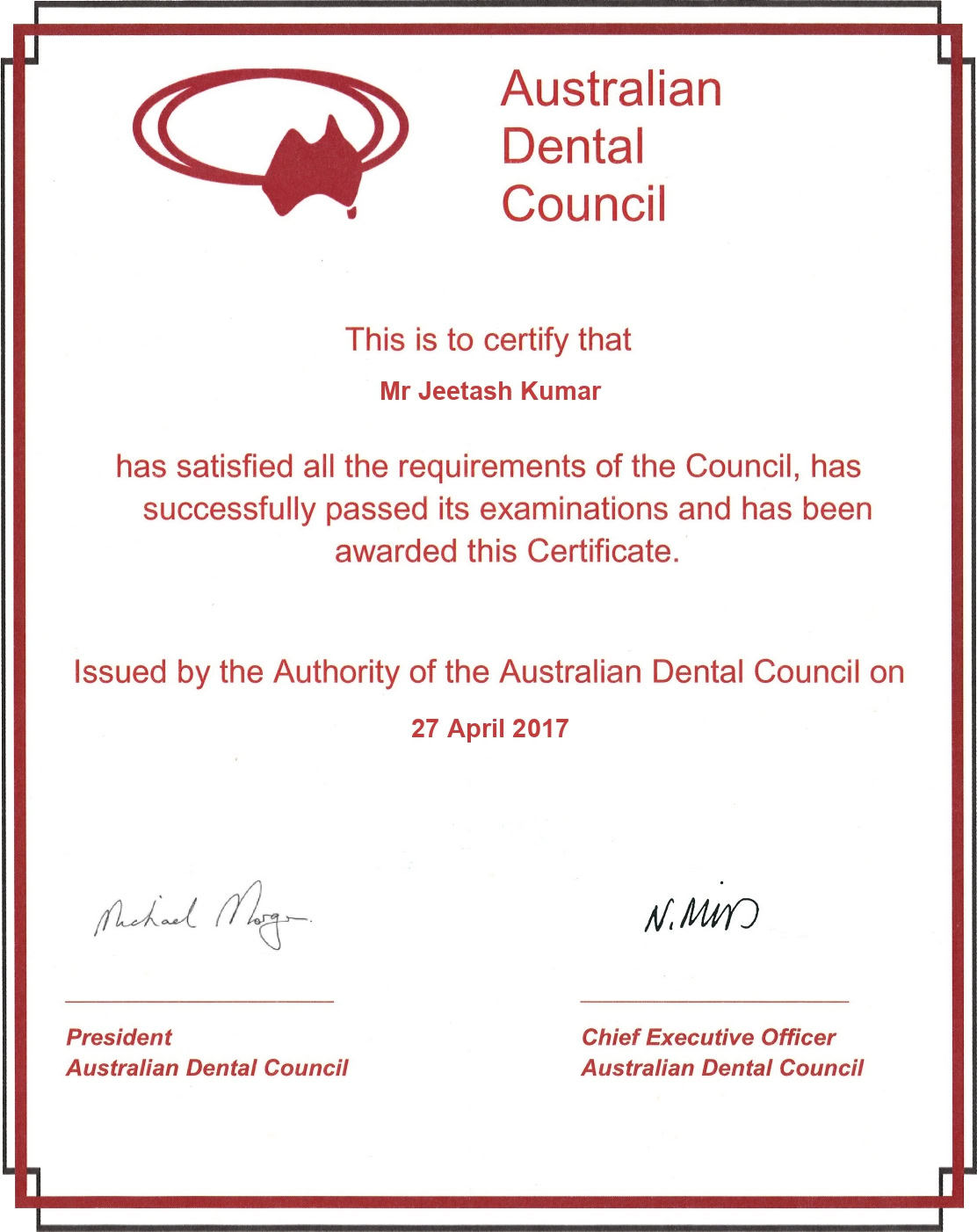 Certificate of Completion - Australian Dental Council